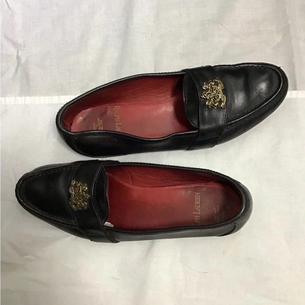Vintage Ralph Lauren Black Leather Loafers Gold Crest Benchmade in Maine USA 8.5